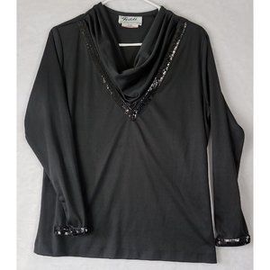 VTG Teddi of California Women's Sequin Trim Black Cowl Neck Blouse Size 14 Top